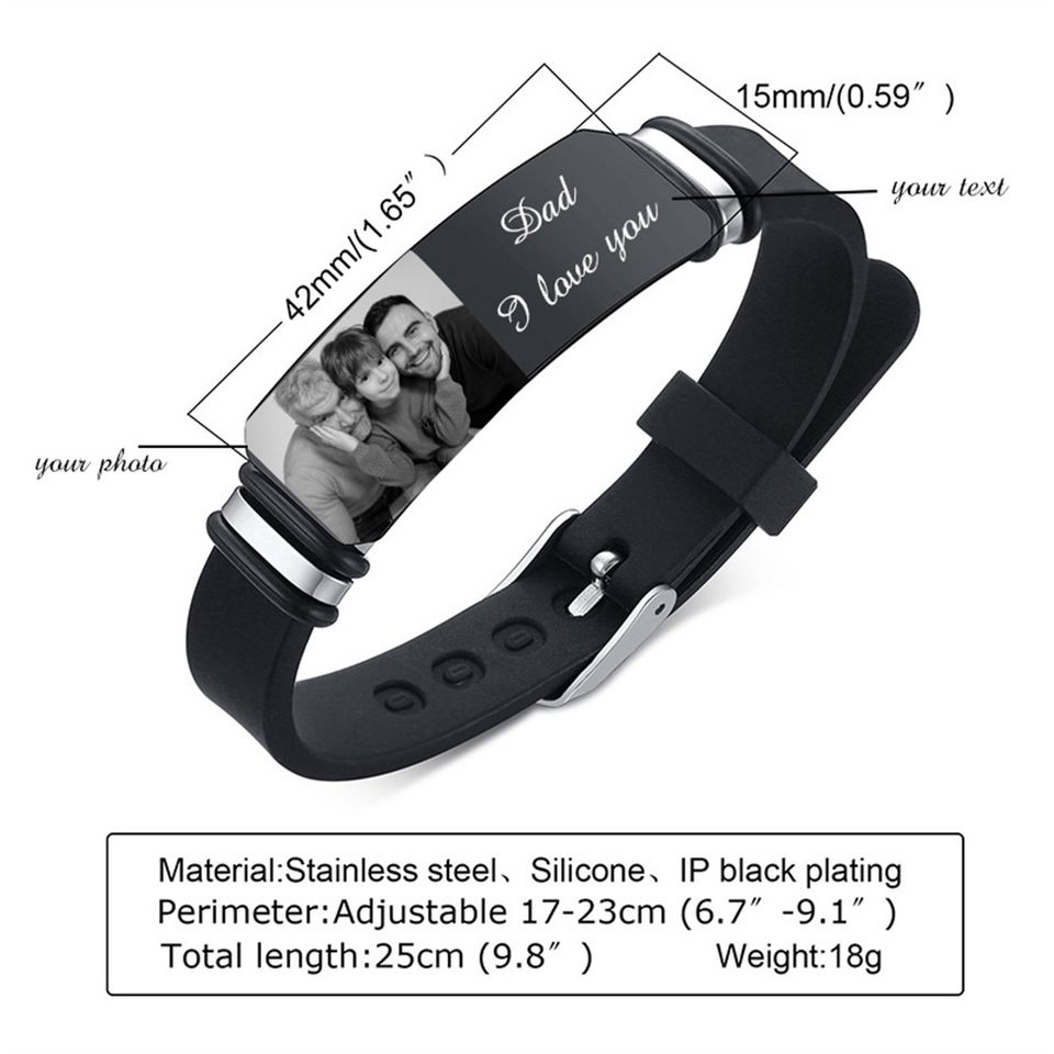 Personalized Photo Men's Silicone Bracelet, Adjustable Name Wristband, Custom Gift for Dad