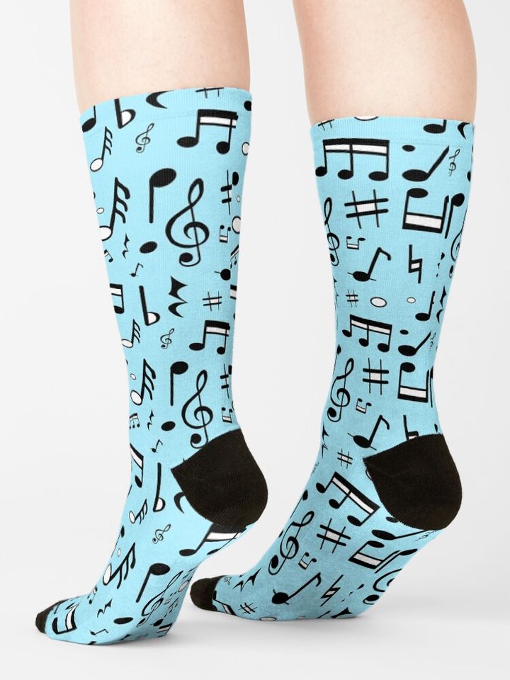 Variation to Music Symbols Design and with a Light Blue Background Socks