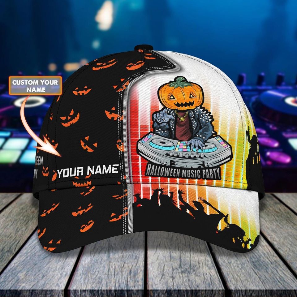 Custom Name Pumpkin DJ Halloween Cap with Jack-o'-Lantern and Crowd Graphic