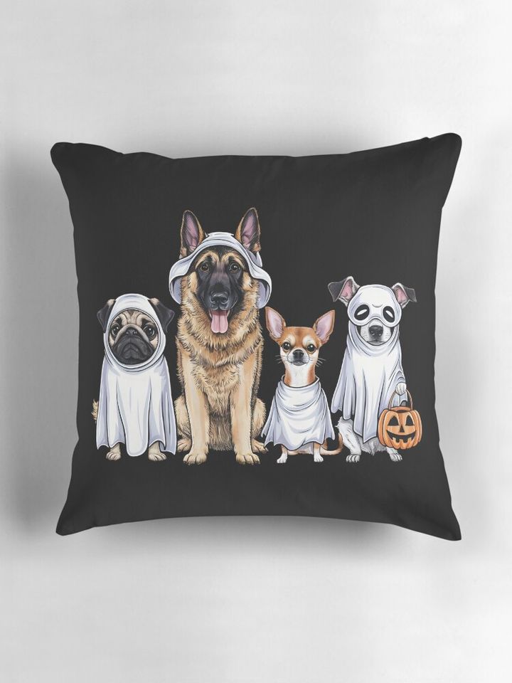 Cute Halloween Dogs in Ghost Costumes Pillow