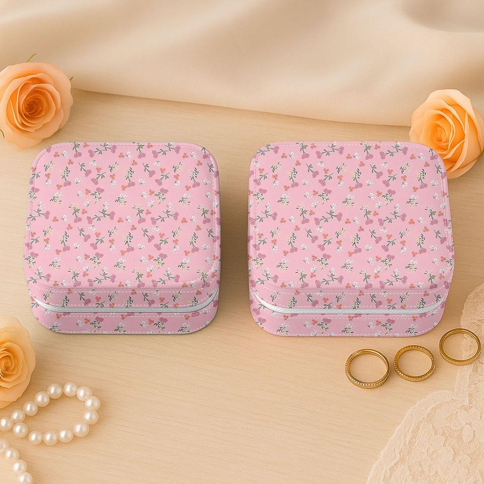 Baby Pink Floral Jewelry Box, Small Flower Ring Case for Travel, Dainty Organizer Gift for Her, Bridesmaid Mini Jewelry Holder