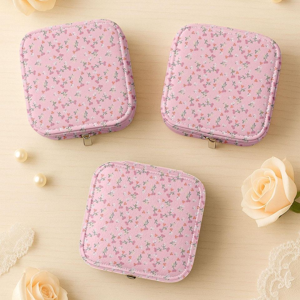 Baby Pink Floral Jewelry Box, Small Flower Ring Case for Travel, Dainty Organizer Gift for Her, Bridesmaid Mini Jewelry Holder