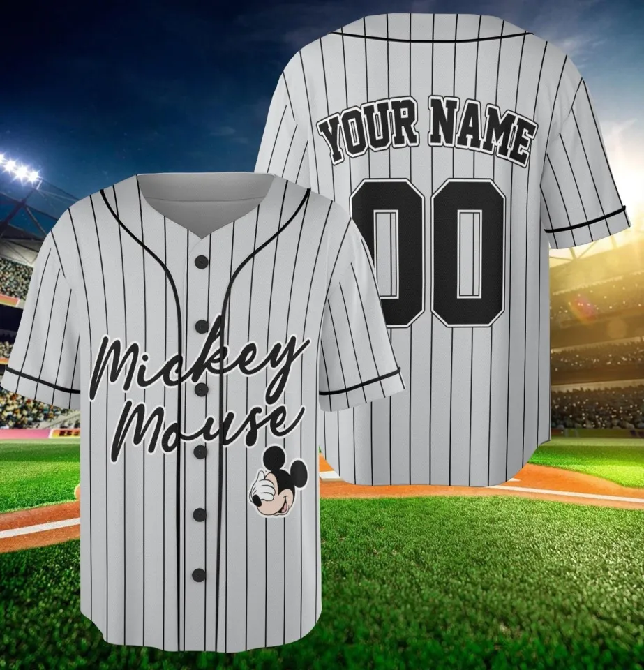 Personalized Mickey Mouse Simple Striped Grey Baseball Jersey Shirt
