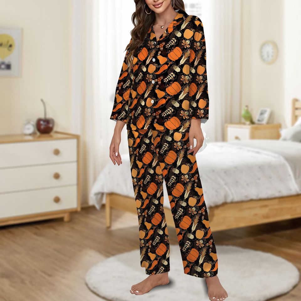 Retro Thanksgiving Pajamas Set, Fall Pumpkin Corn Loungewear