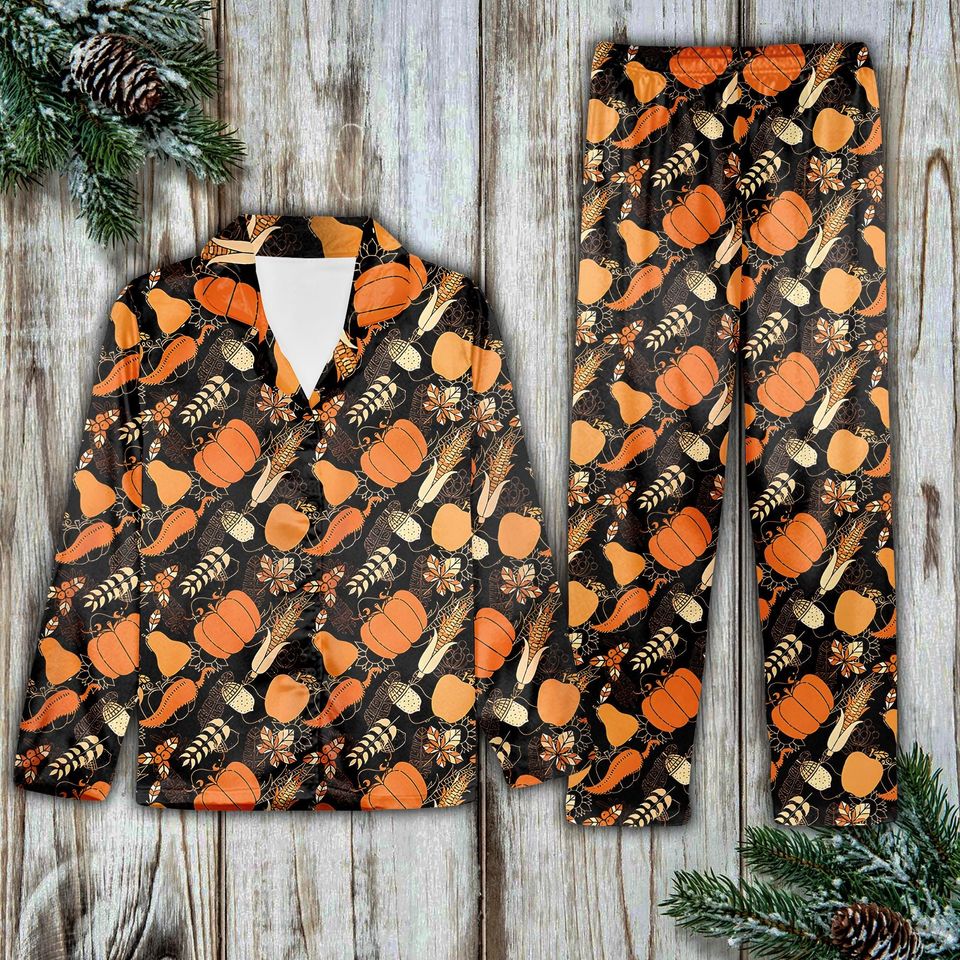 Retro Thanksgiving Pajamas Set, Fall Pumpkin Corn Loungewear