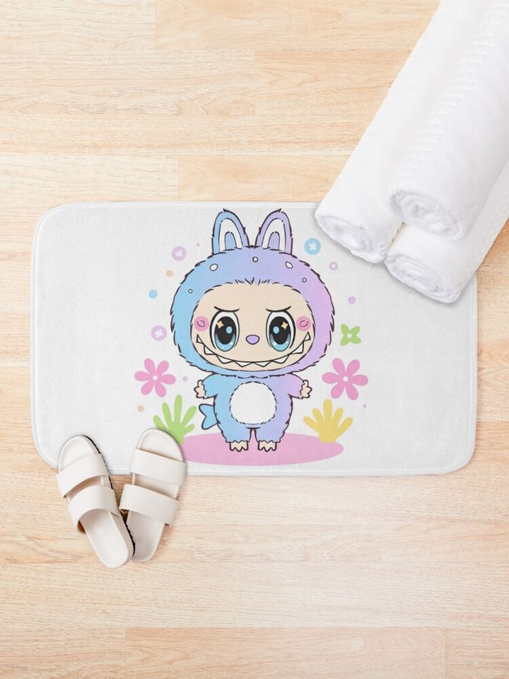 Pastel Blue and Purple Labubu with Flowers Bath Mat, For Bathroom, For Kitchen
