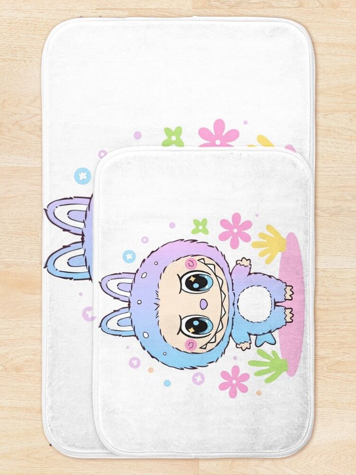 Pastel Blue and Purple Labubu with Flowers Bath Mat, For Bathroom, For Kitchen