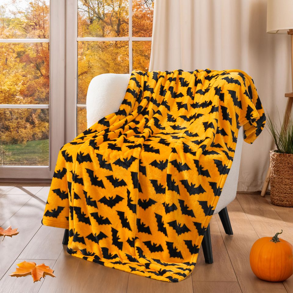 Halloween Throw Blanket Pumpkin and Bat Design Microfiber Fleece Orange Fall Decor