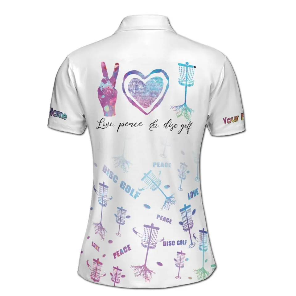 Women's Polo Shirt with Custom Name and Watercolor Love and Peace Design