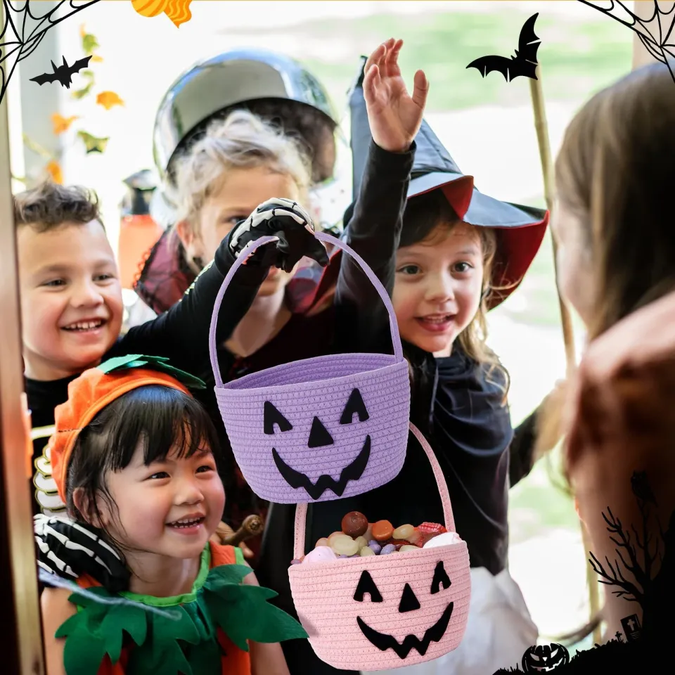 Trick or Treat Basket with Handle Candy Bucket Gift Bags Cute Pumpkin Pattern