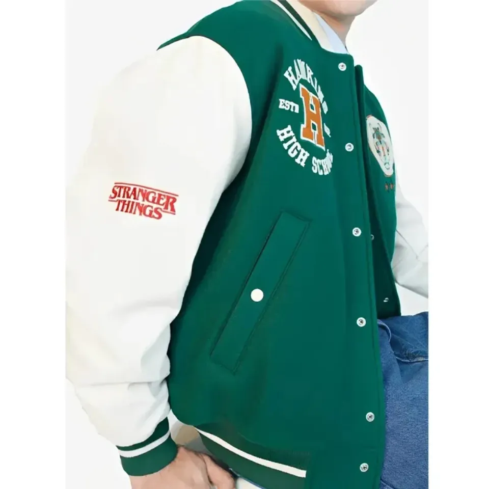 Letterman Stranger Things Hawskin Stadium Green and White Varsity Jacket
