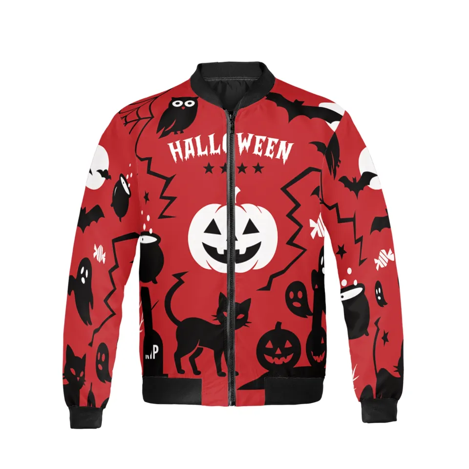 Personalized Halloween Pumpkin Face Black Cat Bomber Jacket