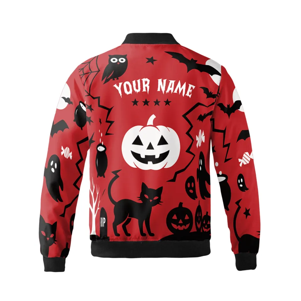 Personalized Halloween Pumpkin Face Black Cat Bomber Jacket