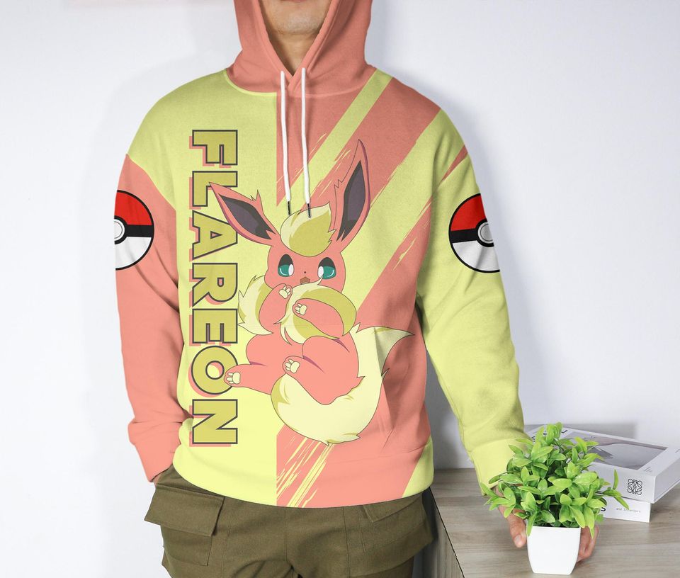 Flareon Hoodie- Custom Name Anime Gift - Cute Fire Fox Pullover