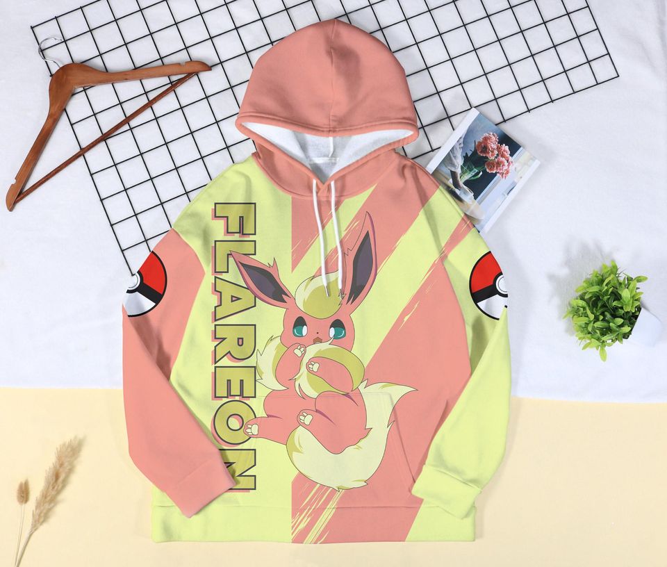 Flareon Hoodie- Custom Name Anime Gift - Cute Fire Fox Pullover