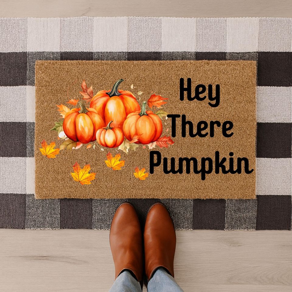 Hey There Pumpkin Doormat: Natural Coir Fall Porch Decor