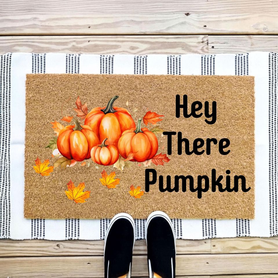 Hey There Pumpkin Doormat: Natural Coir Fall Porch Decor