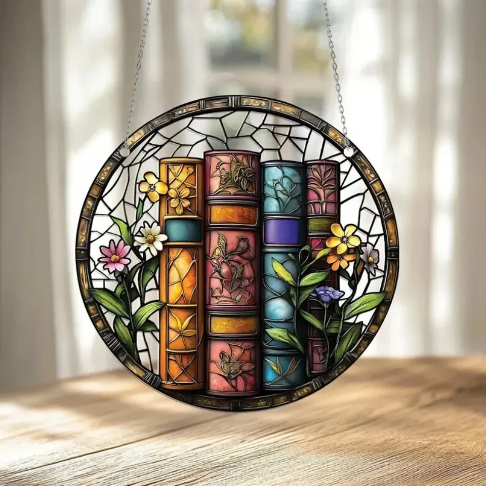 Bookshelf Stained Glass Suncatcher, Window Hanging Decor