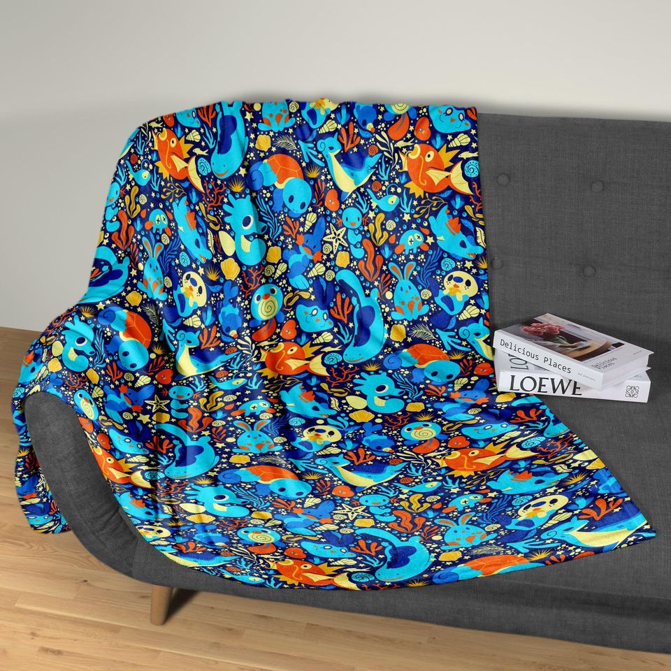 Magikarp and Squirtle Fleece Blanket, Cozy Throw Blanket with Water Type Pattern