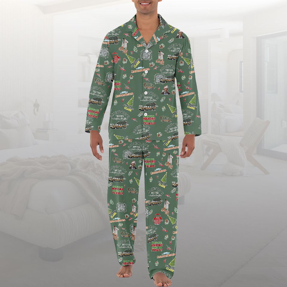 Christmas Vacation Allover Print Lounge Sleep Pajama Set, Griswold Christmas Pajamas Set, Christmas Tree Farm Set, Family Pajamas White