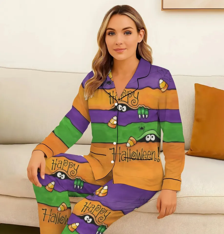 Halloween Pajama Set for Adults, Ghost Pumpkin Witch Sleepwear, Spooky Fall