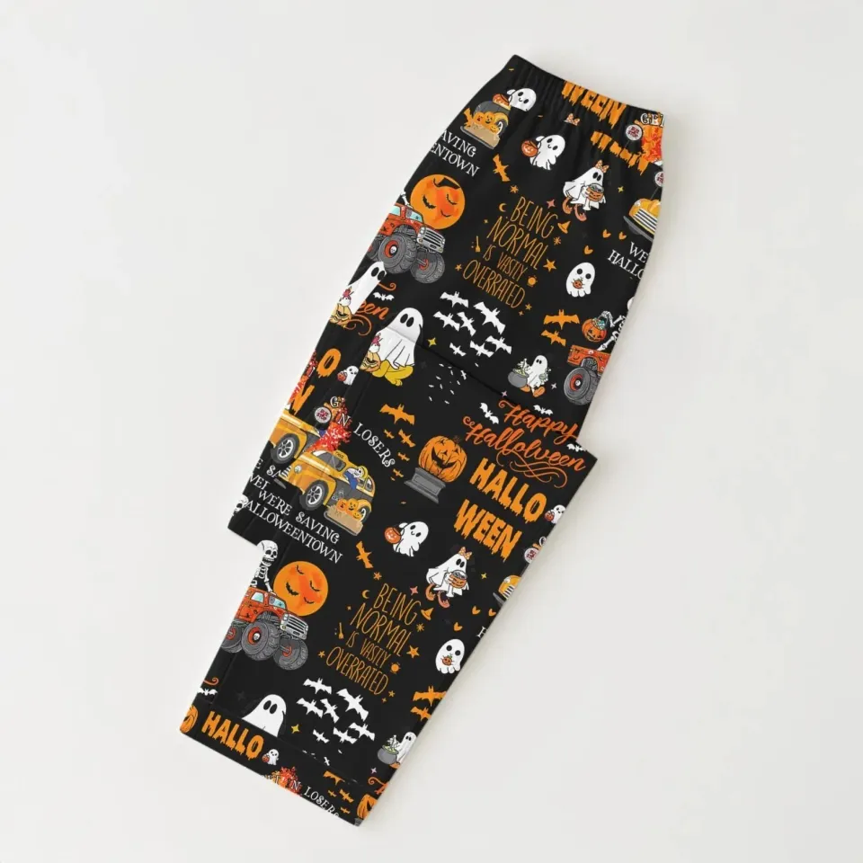 Halloween Pattern Pajamas Set, Ghost Pumpkin Skeleton Pajamas, Long Sleeve Shirt