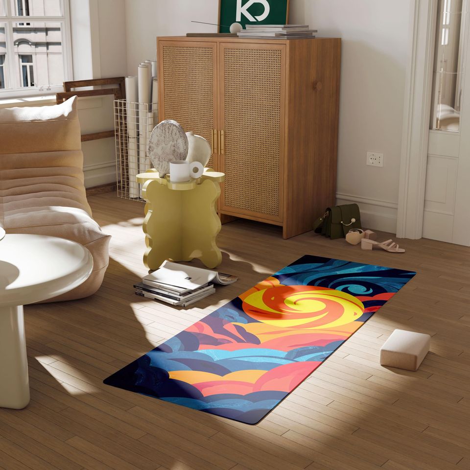 Fiery Sunrise Yoga Mat with Cosmic Swirl Pattern