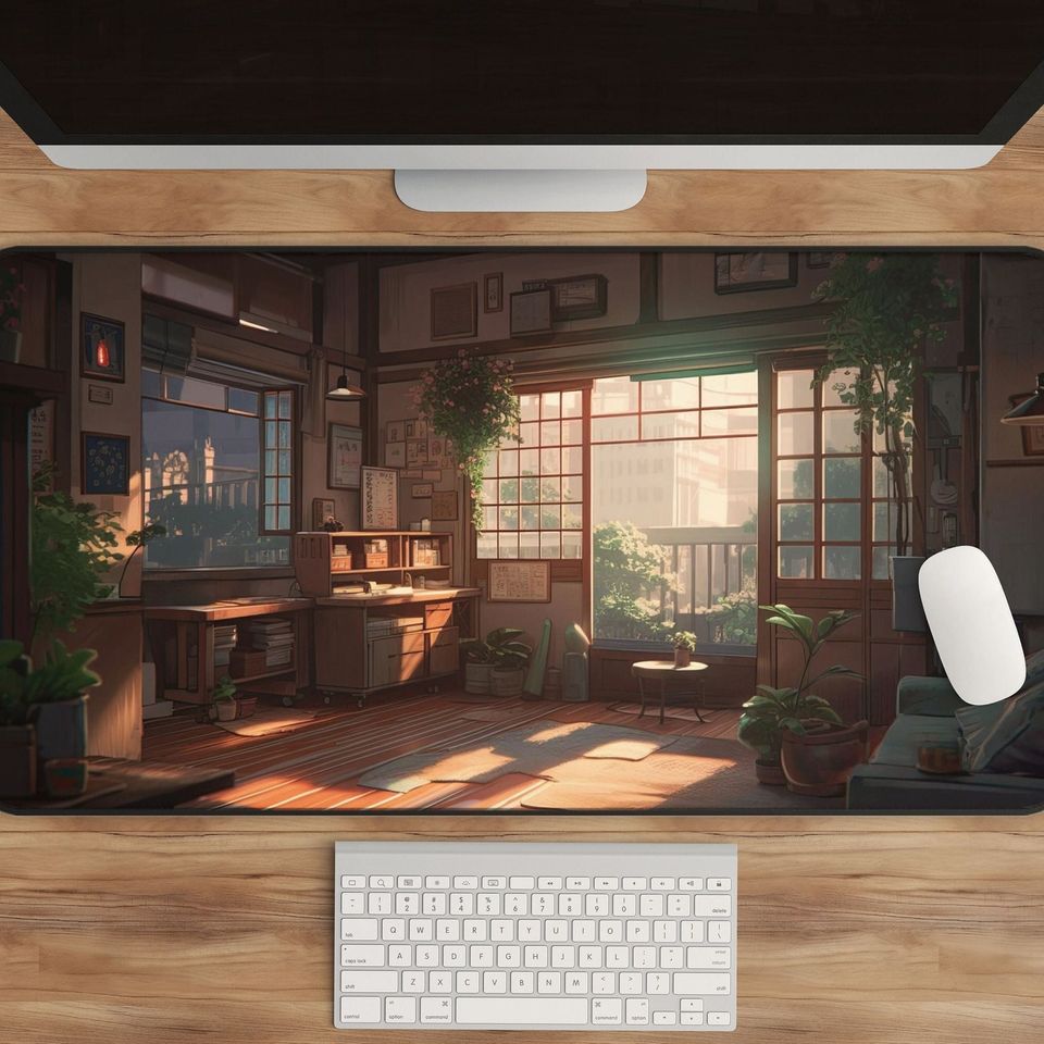 Anime Room Desk Mat: Sunlit Plant-Filled Workspace