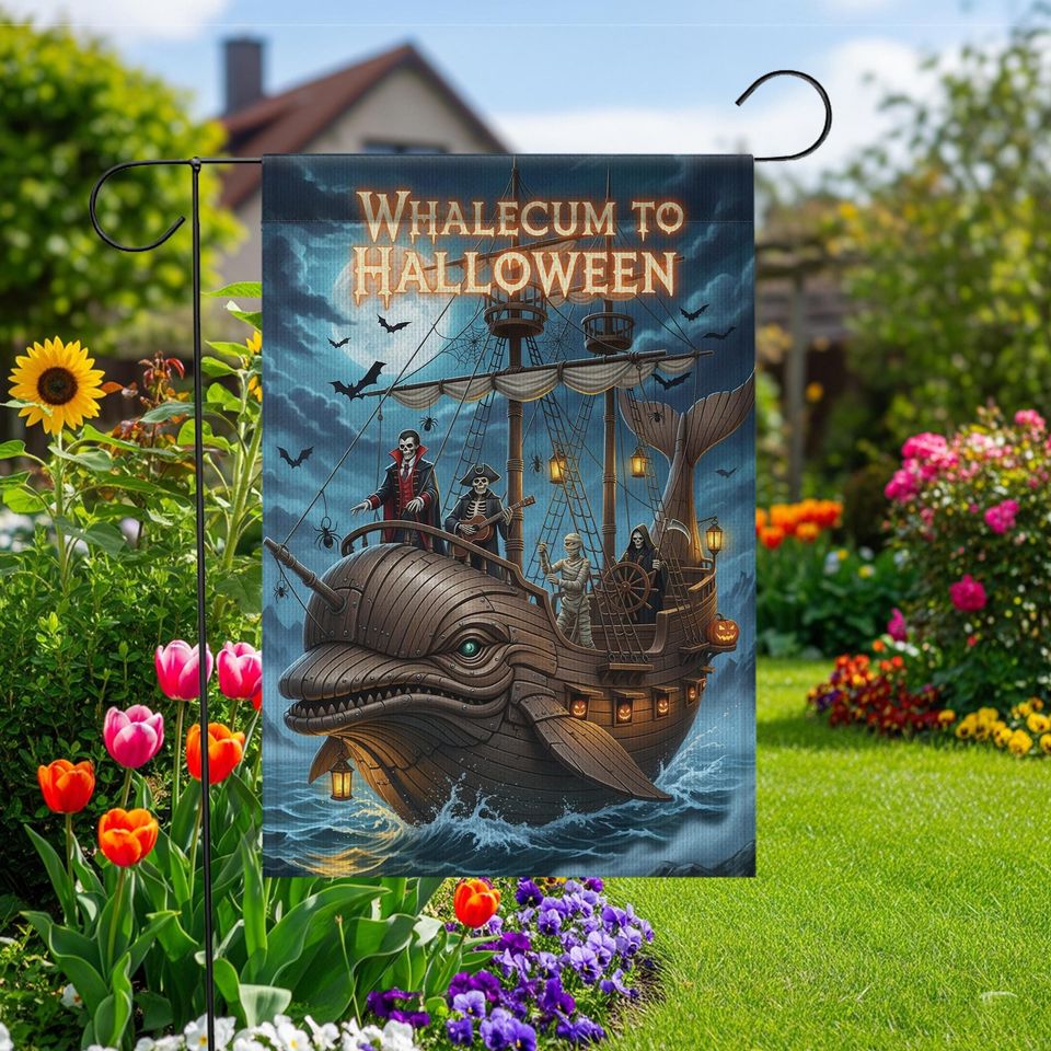 Whalecum to Halloween Garden Flag  Funny Pirate Whale Yard Decor