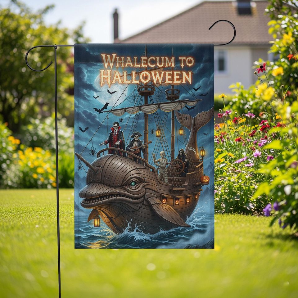Whalecum to Halloween Garden Flag  Funny Pirate Whale Yard Decor