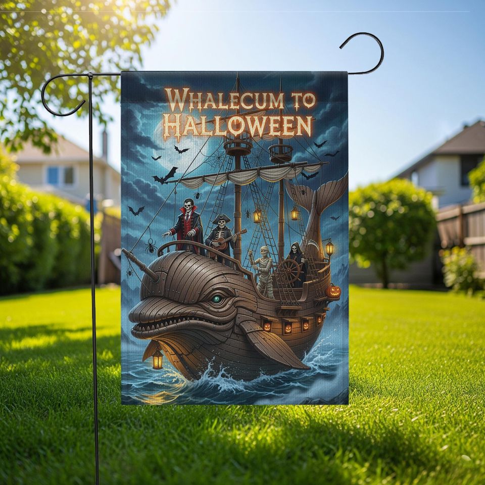 Whalecum to Halloween Garden Flag  Funny Pirate Whale Yard Decor