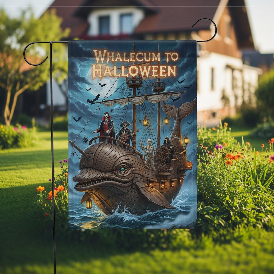 Whalecum to Halloween Garden Flag  Funny Pirate Whale Yard Decor