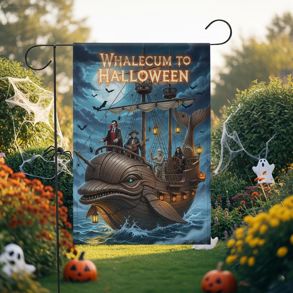 Whalecum to Halloween Garden Flag  Funny Pirate Whale Yard Decor