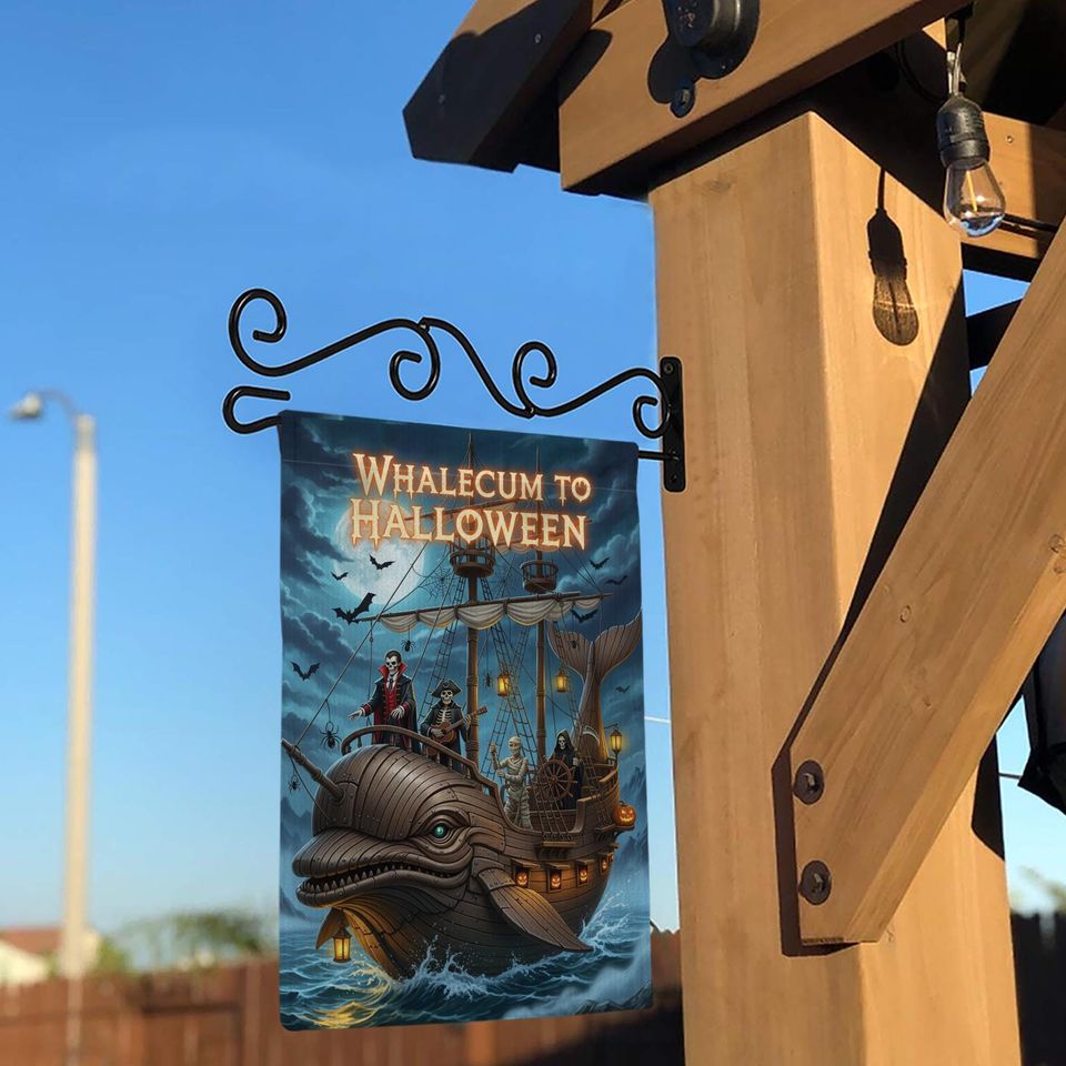 Whalecum to Halloween Garden Flag  Funny Pirate Whale Yard Decor