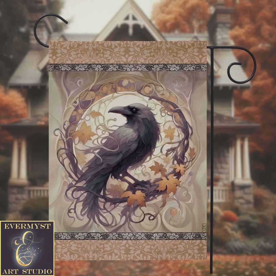 Crow Halloween Flag, Mabon Samhain Fall Garden Flag, Cottagecore Crow Boho