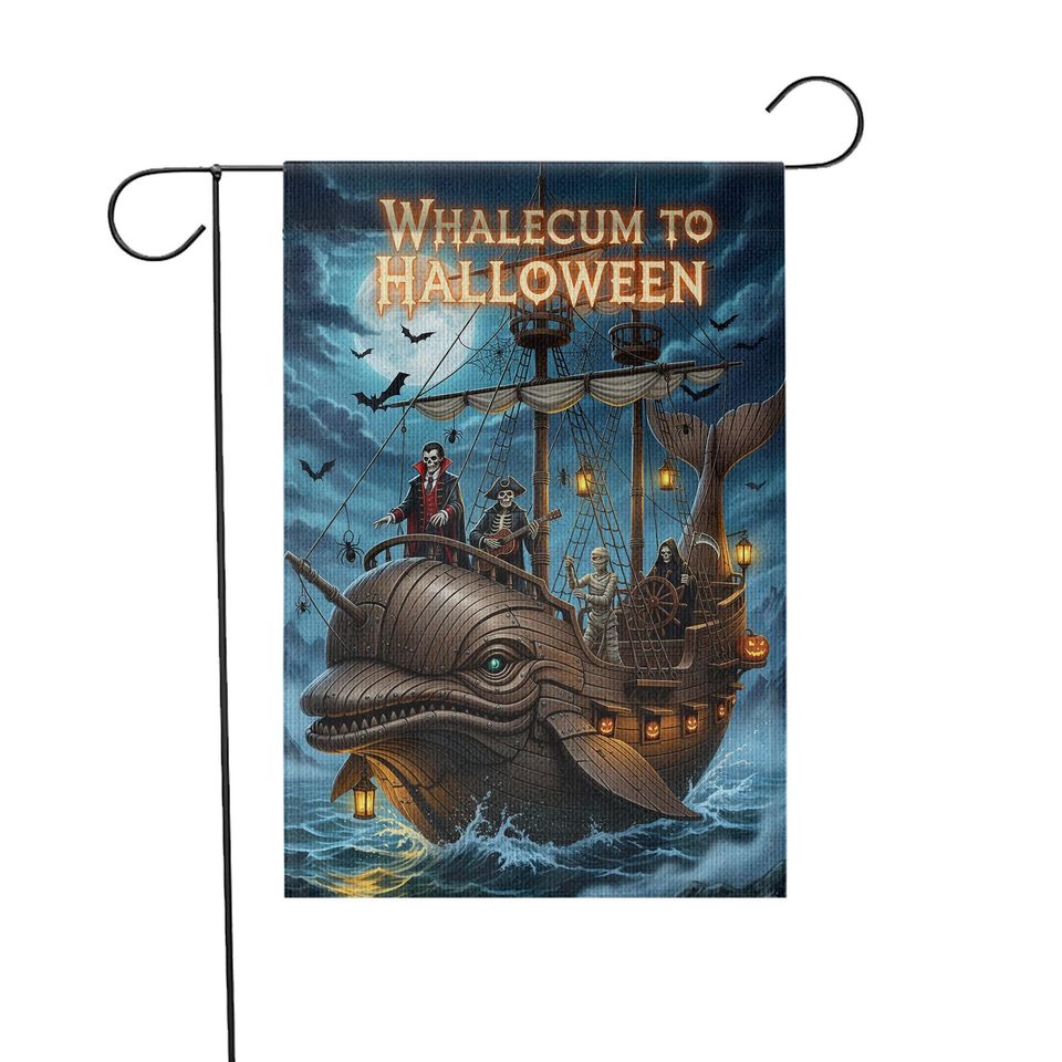 Whalecum to Halloween Garden Flag  Funny Pirate Whale Yard Decor
