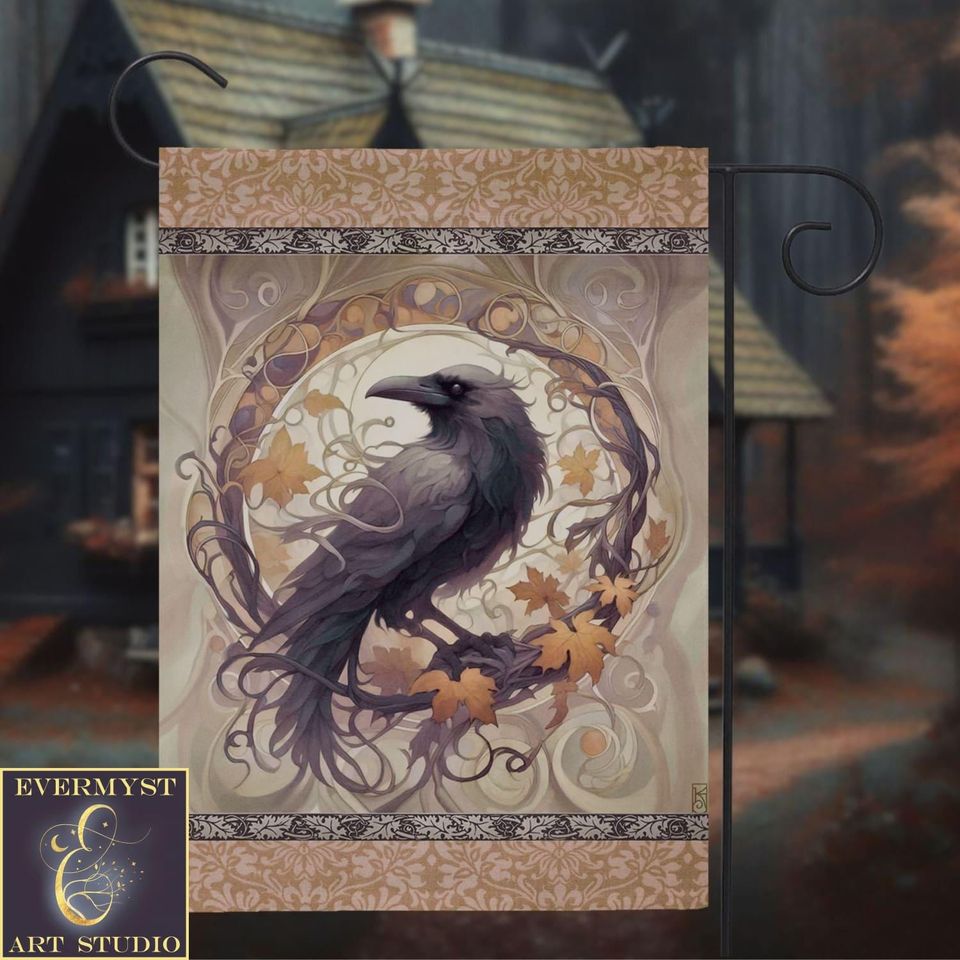 Crow Halloween Flag, Mabon Samhain Fall Garden Flag, Cottagecore Crow Boho