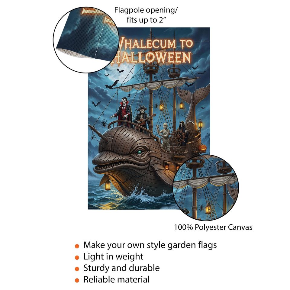 Whalecum to Halloween Garden Flag  Funny Pirate Whale Yard Decor