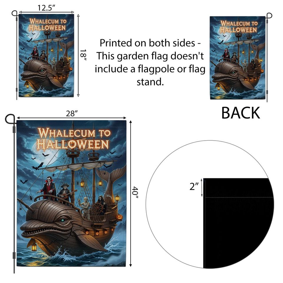 Whalecum to Halloween Garden Flag  Funny Pirate Whale Yard Decor