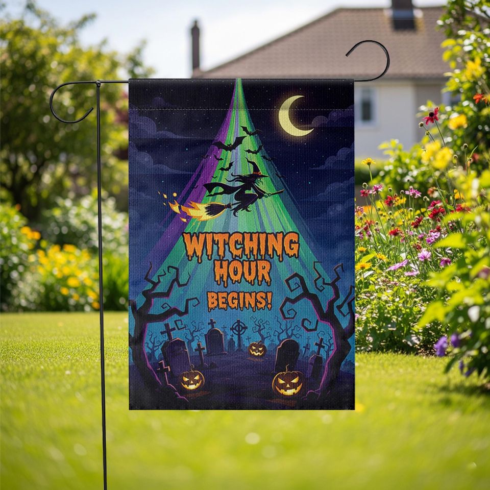 Witching Hour Begins Garden Flag  Halloween Witch Yard Banner Spooky Graveyard