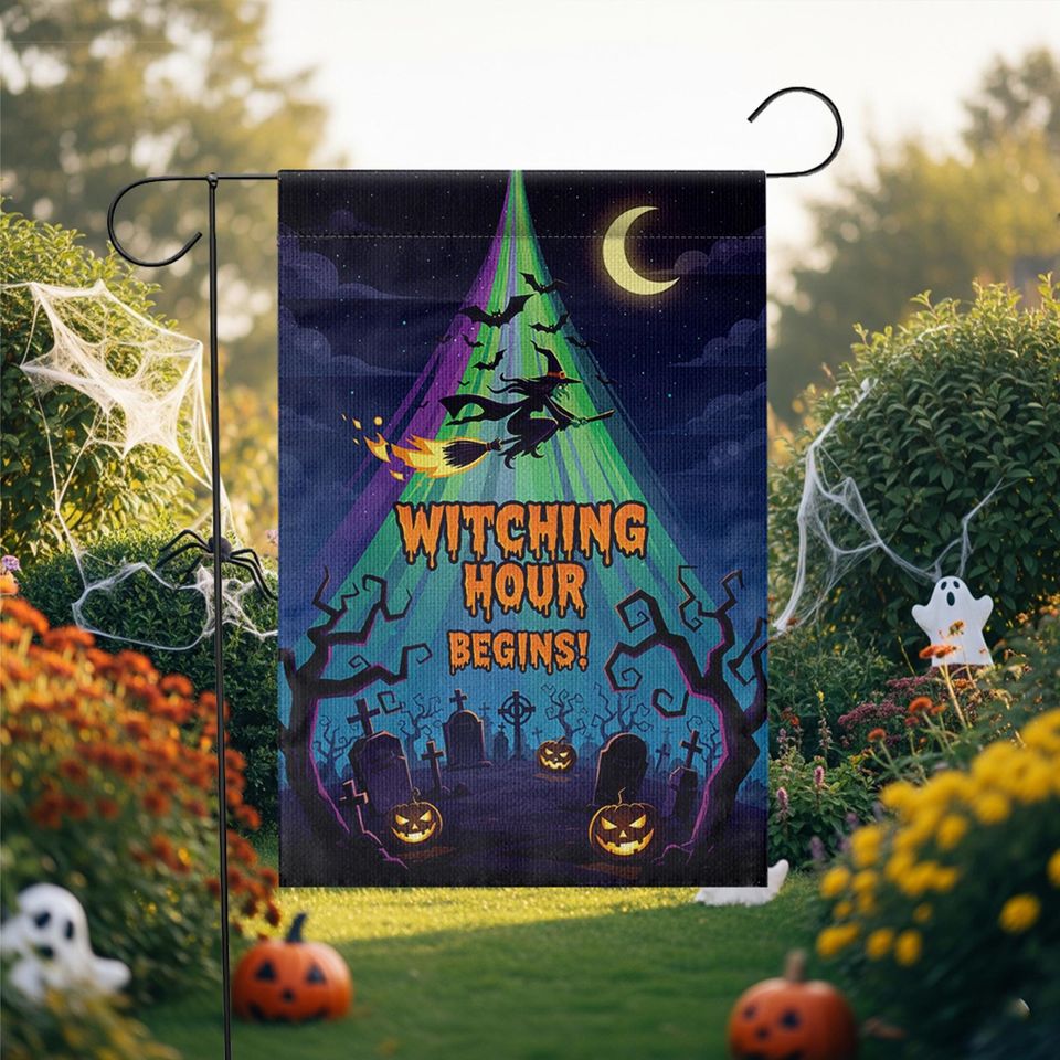 Witching Hour Begins Garden Flag  Halloween Witch Yard Banner Spooky Graveyard