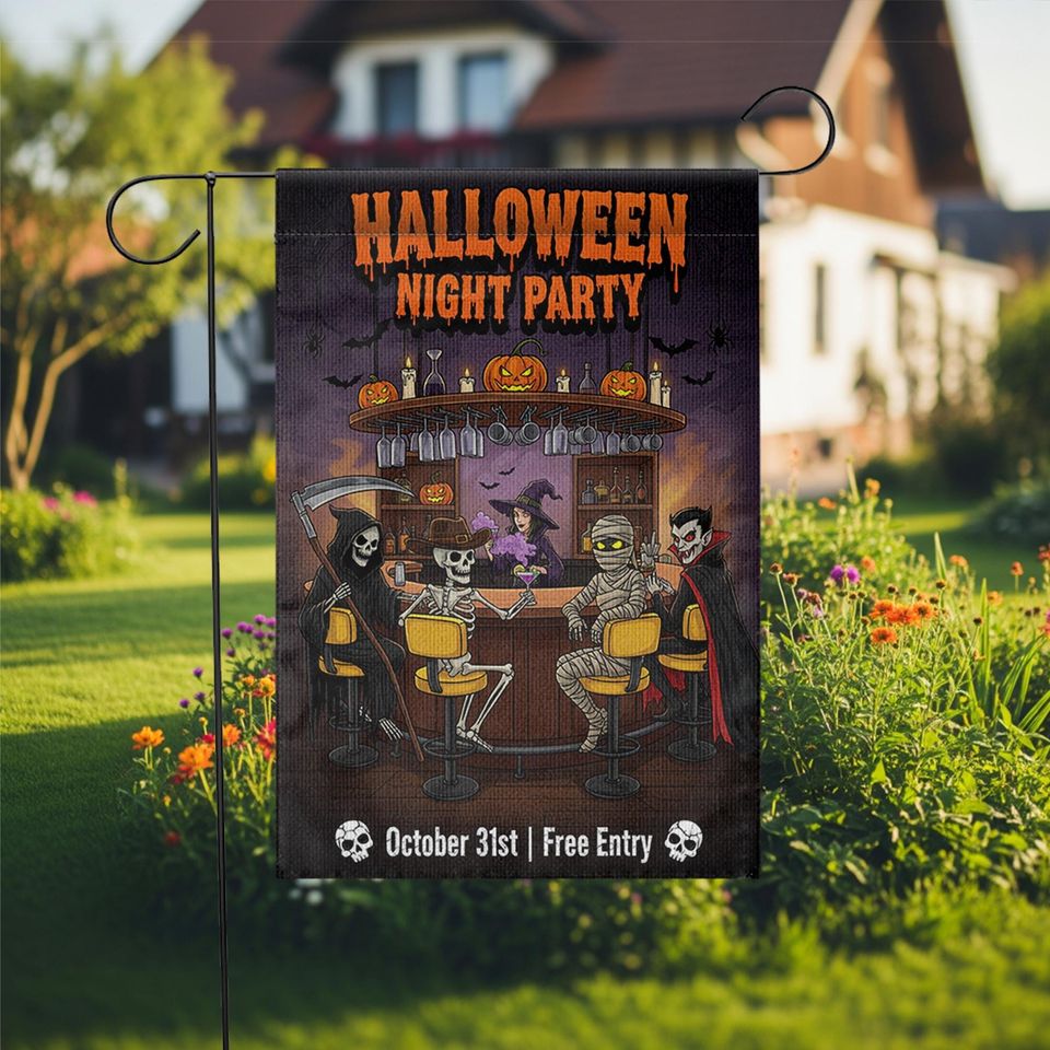 Halloween Night Party Garden Flag  Funny Skeleton Vampire Bar Decor  October 31 Yard Sign