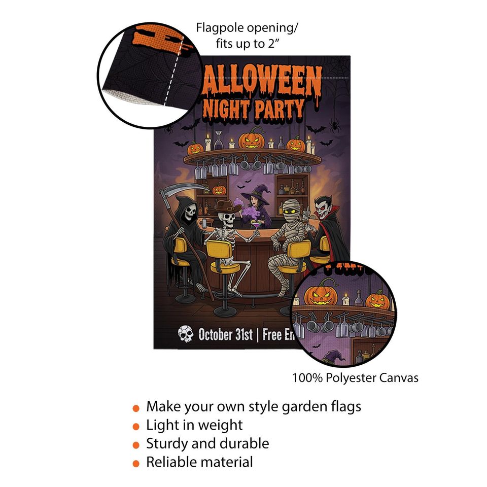 Halloween Night Party Garden Flag  Funny Skeleton Vampire Bar Decor  October 31 Yard Sign