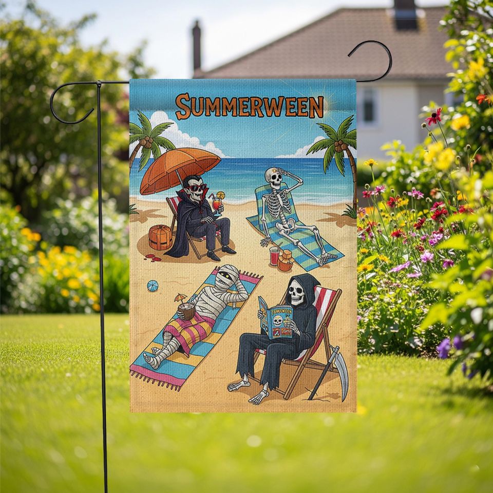 Summerween Garden Flag - Funny Halloween Summer Yard Decor - Skeleton Beach Party Flag