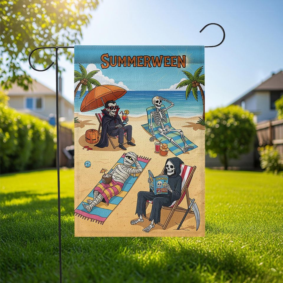 Summerween Garden Flag - Funny Halloween Summer Yard Decor - Skeleton Beach Party Flag