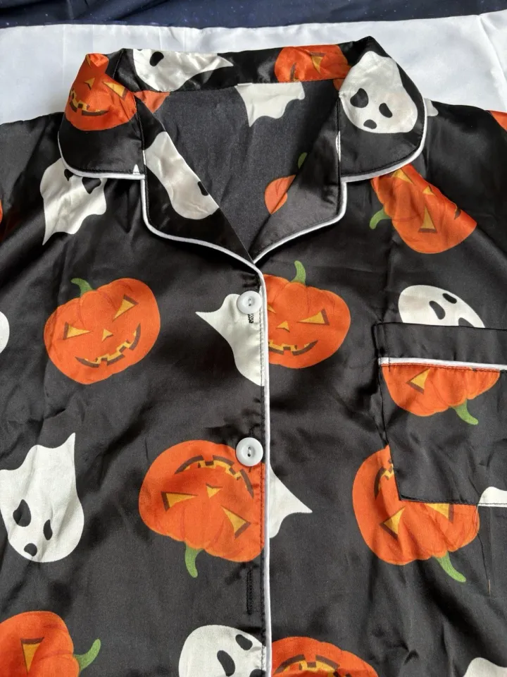 Women's Satin Halloween Pajama Set Button Up Short Sleeve Top and Shorts, Large
