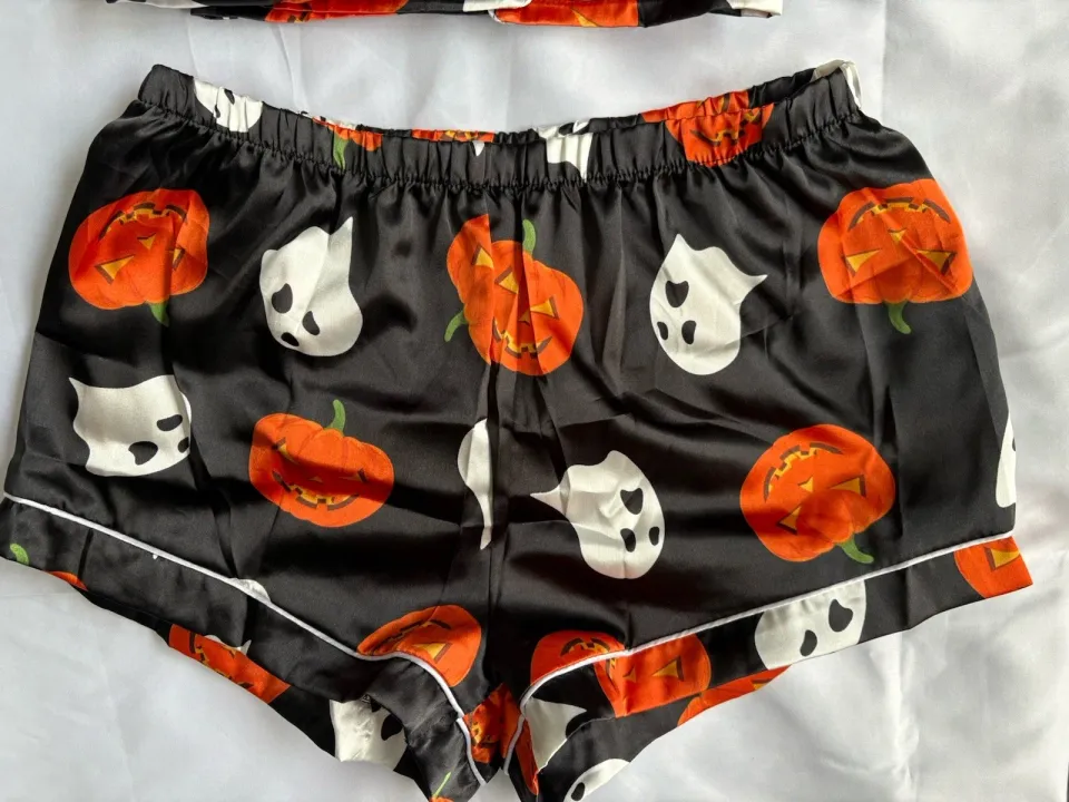 Women's Satin Halloween Pajama Set Button Up Short Sleeve Top and Shorts, Large