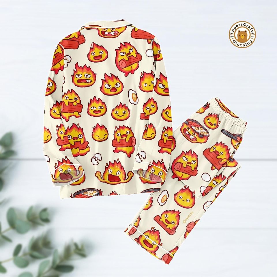 Calcifer Pajama Set, Howls Moving Castle Sleepwear, Studio Ghibli Anime Nightwear, Cute Kawaii Fire Demon Loungewear