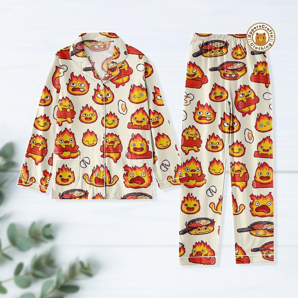 Calcifer Pajama Set, Howls Moving Castle Sleepwear, Studio Ghibli Anime Nightwear, Cute Kawaii Fire Demon Loungewear
