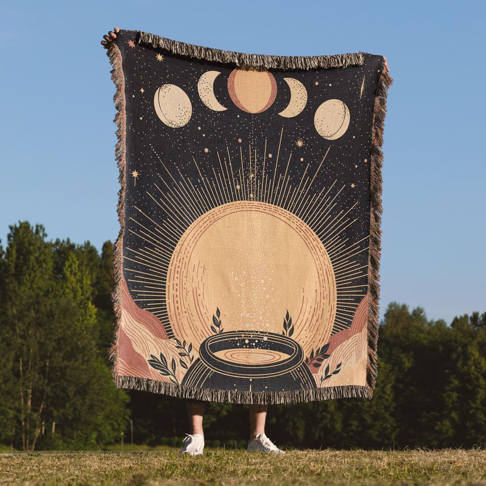 Celestial Woven Blanket with Moon Phase Pattern, Sun and Moon Astrology Throw